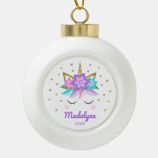 Unicorn紫色の花の星パーソナライズされた名 セラミックボールオーナメント (正面)