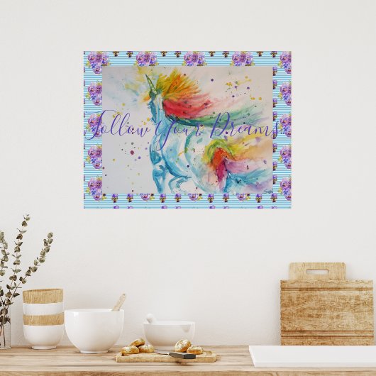 Unicorn絵画の後を追夢の水色 ポスター (キッチン)