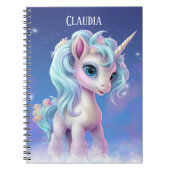 Unicorn誇りを持ったブルースカイ、雲と星&名前 ノートブック (正面)