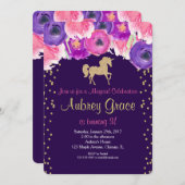 Unicorn誕生日の招待状、ピンク色の紫の金ゴールド 招待状 (正面/裏面)