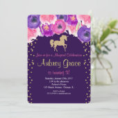 Unicorn誕生日の招待状、ピンク色の紫の金ゴールド 招待状 (スタンド正面)