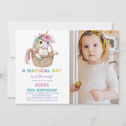 Unicorn誕生日招待状と写真 招待状 (正面)