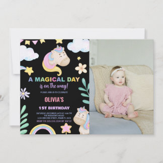 Unicorn誕生日招待状と写真 招待状