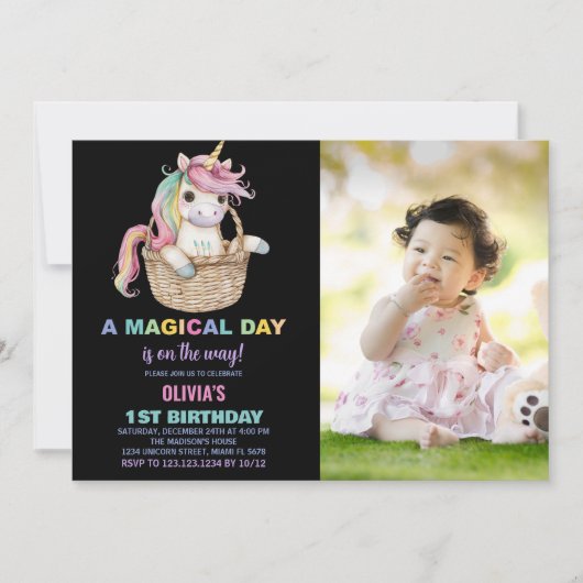 Unicorn誕生日招待状と写真 招待状 (正面)