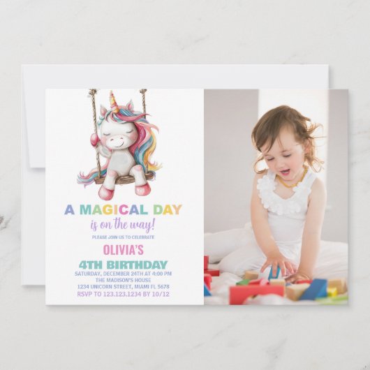 Unicorn誕生日招待状と写真 招待状 (正面)