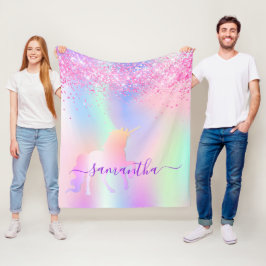 Unicorn赤面ピンク紫の名前のスクリプト フリースブランケット