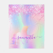 Unicorn赤面ピンク紫の名前のスクリプト フリースブランケット (正面)