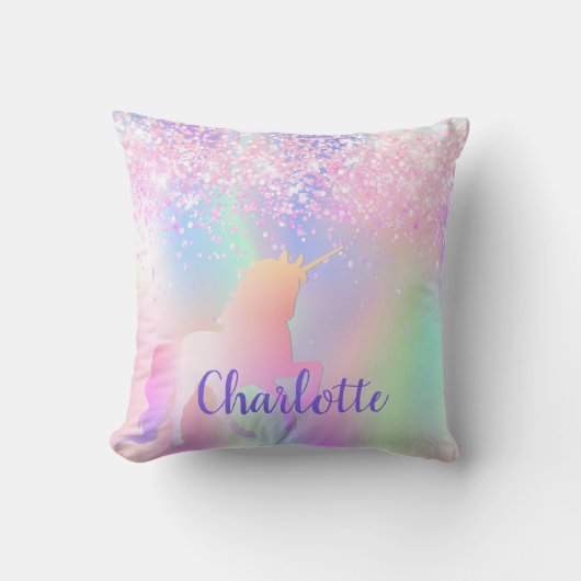 Unicorn赤面ピンク紫グリッター名スクリプト クッション (正面)