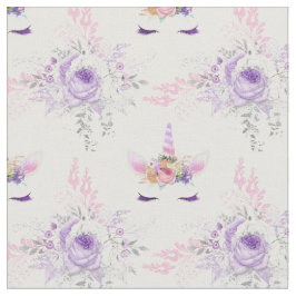 Unicorn顔と紫の花（白） ファブリック