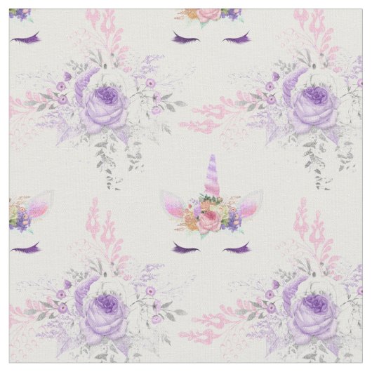 Unicorn顔と紫の花（白） ファブリック (クローズアップ)