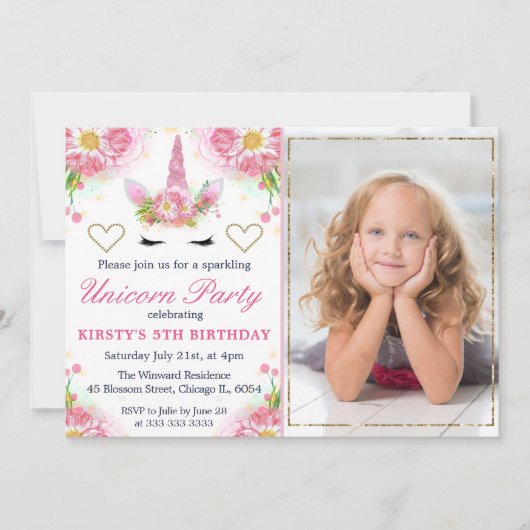 Unicorn顔&水彩フラワーフォト誕生日 招待状 (正面)