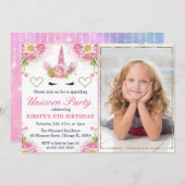 Unicorn顔&水彩フラワーフォト誕生日 招待状 (正面/裏面)