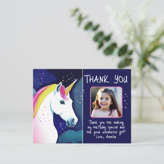 Unicorn魔法の少女の写真誕生日ありがとう ポストカード (スタンド正面)