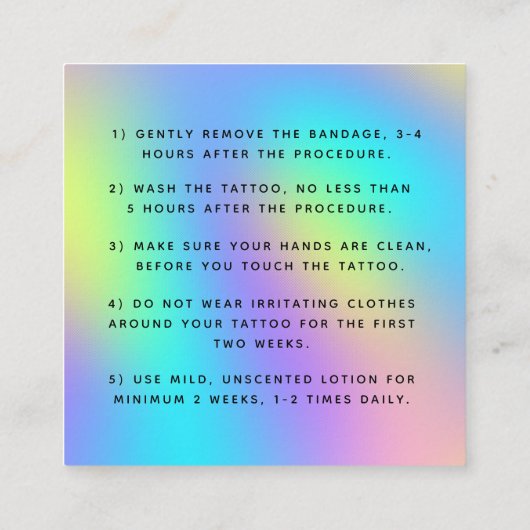 Unicorn はっきりした Rainbow Tattoo Aftercareの説明 スクエア名刺 (裏面)
