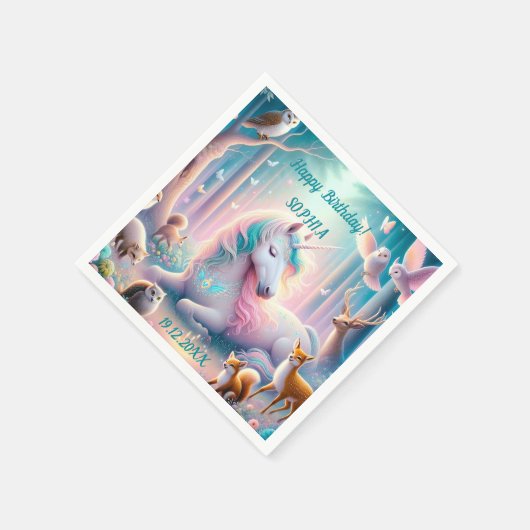 Unicorn、ベビー/子供、誕生日名前をカスタムする/ DOB スタンダードカクテルナプキン (角)