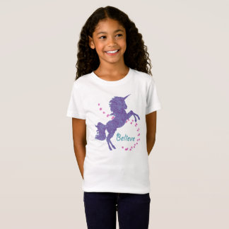 Unicorn 信じ Purple Pinkフェイクグリッター効果 Tシャツ
