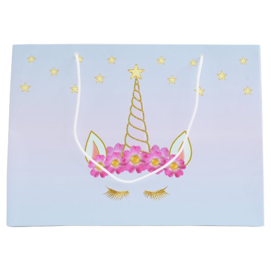 Unicorn、王室のFlowers & Stars on Light Blue ラージペーパーバッグ (正面)