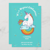 Unicorn 1 ST Birthday Gold Teal Pink Purple  招待状 (正面/裏面)
