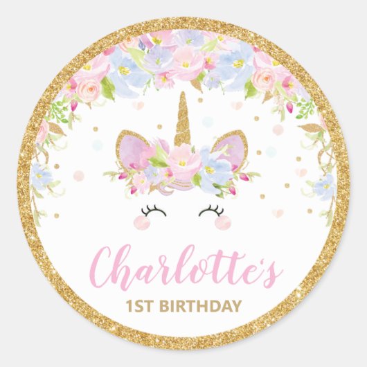 Unicorn 1st誕生日ありがとうお願いステッカー ラウンドシール (正面)
