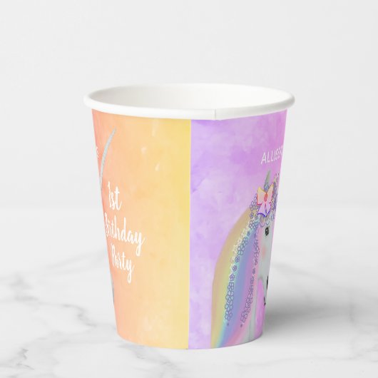 Unicorn 1st誕生日ピンク紫の水色名 紙コップ (右)