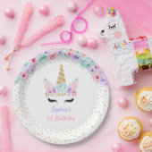Unicorn 1st Birthday -金ゴールドティール(緑がかった色)ピンクパープル ペーパープレート (パーティー)