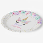 Unicorn 1st Birthday -金ゴールドティール(緑がかった色)ピンクパープル ペーパープレート (アングル)