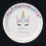 Unicorn 1st Birthday -金ゴールドティール（緑がかった色）ピンクパープル ペーパープレート<br><div class="desc">ユニコーン最初の誕生日パーティー紙プレートかわいいデザインフェイクグリッター金ゴールドとフローラアクセント。紫、ティール（緑がかった色）、ピンクの金ゴールドと白。魔法の1日目のお祝いに最適。</div>