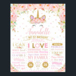 Unicorn 1st Birthday Milestones誕生統計ポスター ポスター<br><div class="desc">小さな女の子の最初の誕生日パーティーに完璧なtouch!このお洒落ユニコーンの最初の誕生日マイルストーン誕生統計ポスターは、フレームに最適で、デザート/ケーキテーブルに置かれ、その後子供部屋ルームの装飾として使用する。特別素晴らしで思い出に残る誕生日写真の写真のプロップとして！それはまた、素晴らしい贈り物を作る！お子様の誕生統計、現在の統計、および物事を簡単かつ迅速にカスタマイズお気に入りのしカスタマイズ、単にitボタンを押すだけで、文字のスタイルと配置をさらに再調整およびフォーマットする。ハッピーキャットスタジオ</div>