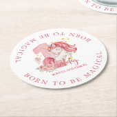 Unicorn 1st Birthday Pink Little Girl  ラウンドペーパーコースター (アングル)