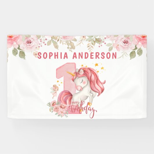 Unicorn 1st Birthday Pink Little Girl  横断幕 (横)
