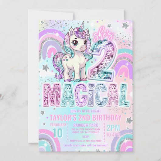 Unicorn 2nd Birthday Two Magical Rainbow Glitter 招待状 (正面)