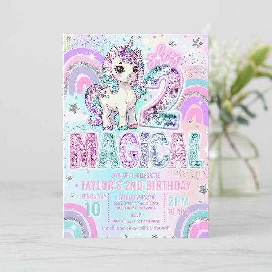 Unicorn 2nd Birthday Two Magical Rainbow Glitter 招待状 (スタンド正面)