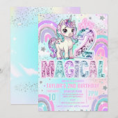 Unicorn 2nd Birthday Two Magical Rainbow Glitter 招待状 (正面/裏面)