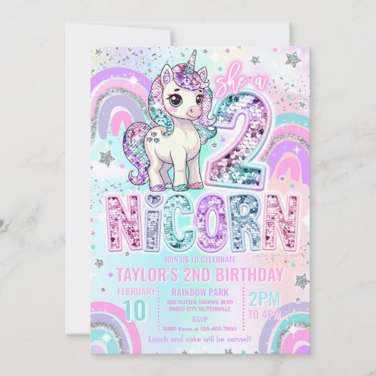 Unicorn 2nd Birthday Two-nicorn Rainbow Glitter 招待状 (正面)