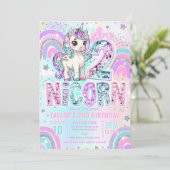 Unicorn 2nd Birthday Two-nicorn Rainbow Glitter 招待状 (スタンド正面)