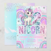 Unicorn 2nd Birthday Two-nicorn Rainbow Glitter 招待状 (正面/裏面)
