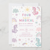 Unicorn 4th Birthday Invitation. Editable Rainbow  招待状 (正面)