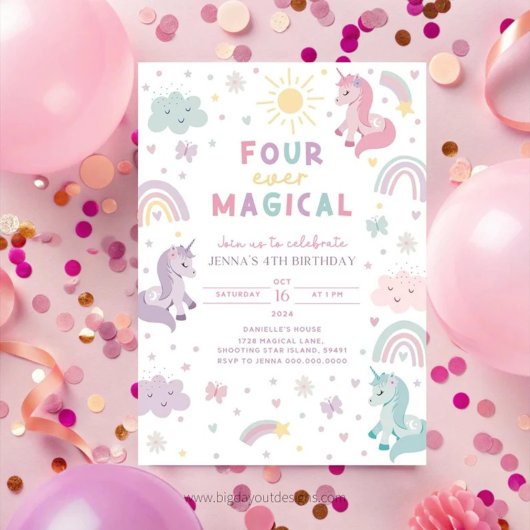 Unicorn 4th Birthday Invitation. Editable Rainbow  招待状