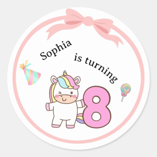 Unicorn 8 Birthday Sticker Pack Cute Party Design ラウンドシール (正面)
