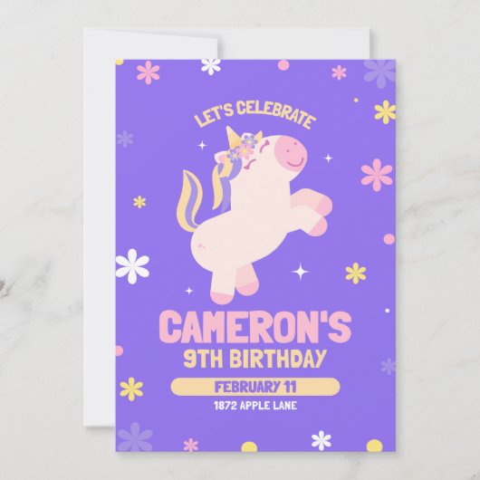 Unicorn 9th Birthday Invitation for Girls Template 招待状 (正面)