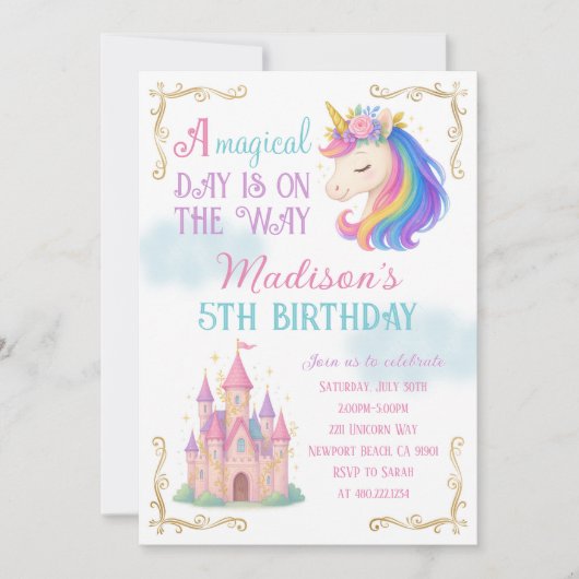 Unicorn and Castle Birthday Party Invitation 招待状 (正面)