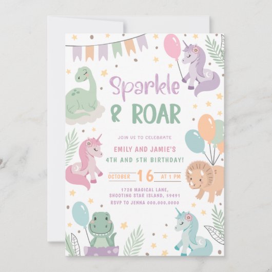Unicorn and Dinosaur Invitations. Editable Digital 招待状 (正面)