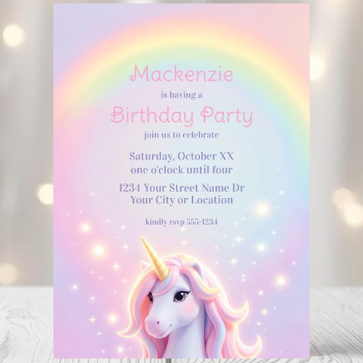 Unicorn and Rainbow Sparkles Birthday Party 招待状