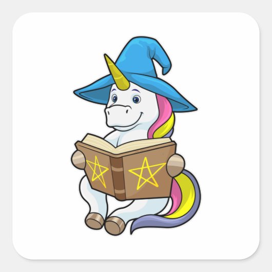 Unicorn as Wizard with Book & Hat スクエアシール (正面)