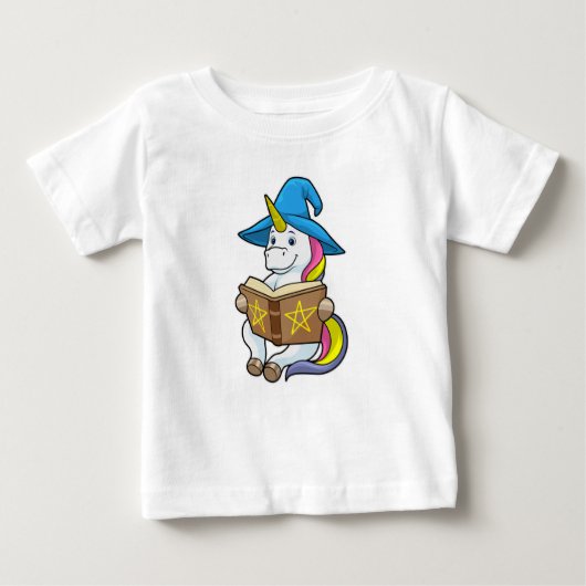 Unicorn as Wizard with Book & Hat ベビーTシャツ (正面)