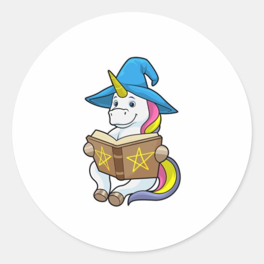 Unicorn as Wizard with Book & Hat ラウンドシール (正面)