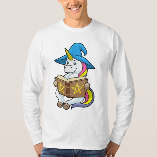 Unicorn as Wizard with Book & Hat Tシャツ (正面)