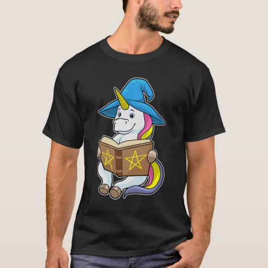Unicorn as Wizard with Book & Hat Tシャツ (正面)