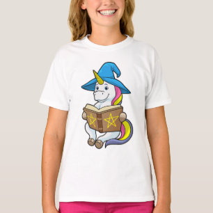 Unicorn as Wizard with Book & Hat Tシャツ
