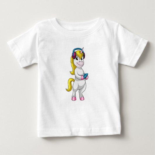 Unicorn at 聞 Music with Headphone ベビーTシャツ (正面)